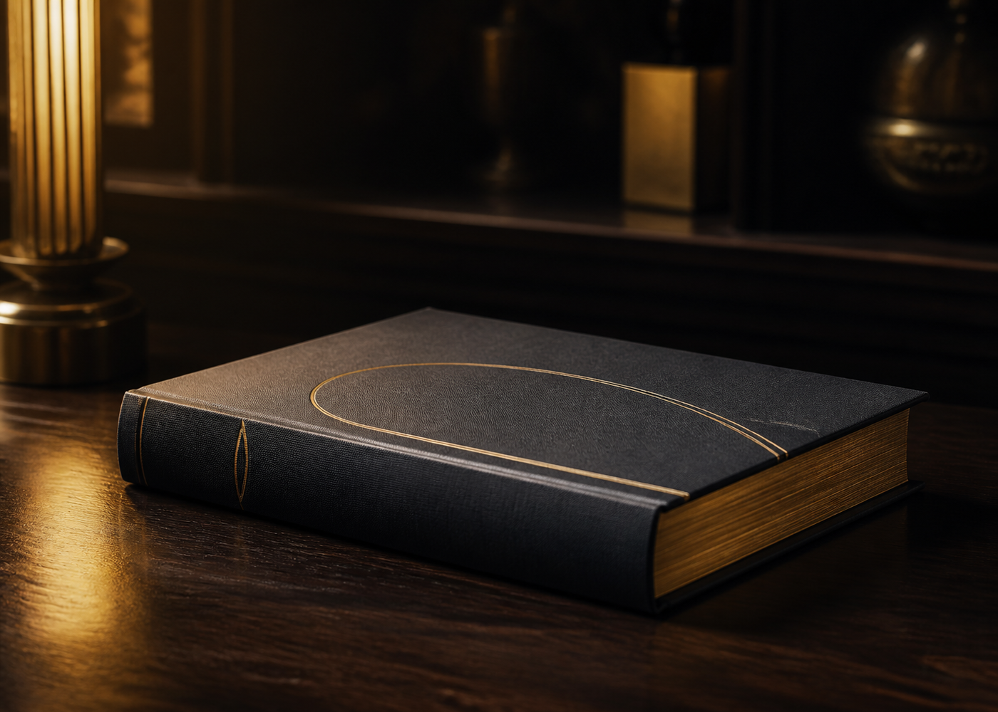 Livro de capa dura sobre mesa de madeira escura, sob luz quente