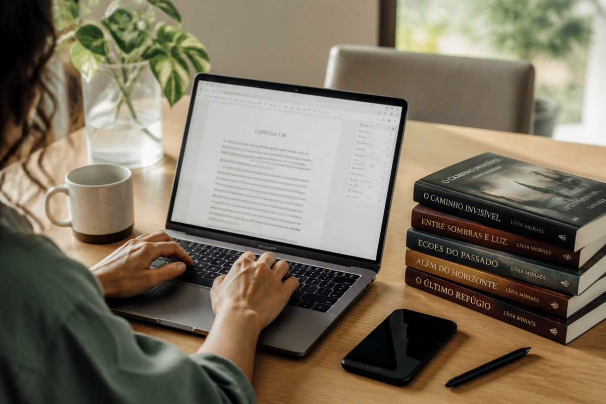 Autor escrevendo um livro no computador com exemplares impressos ao lado